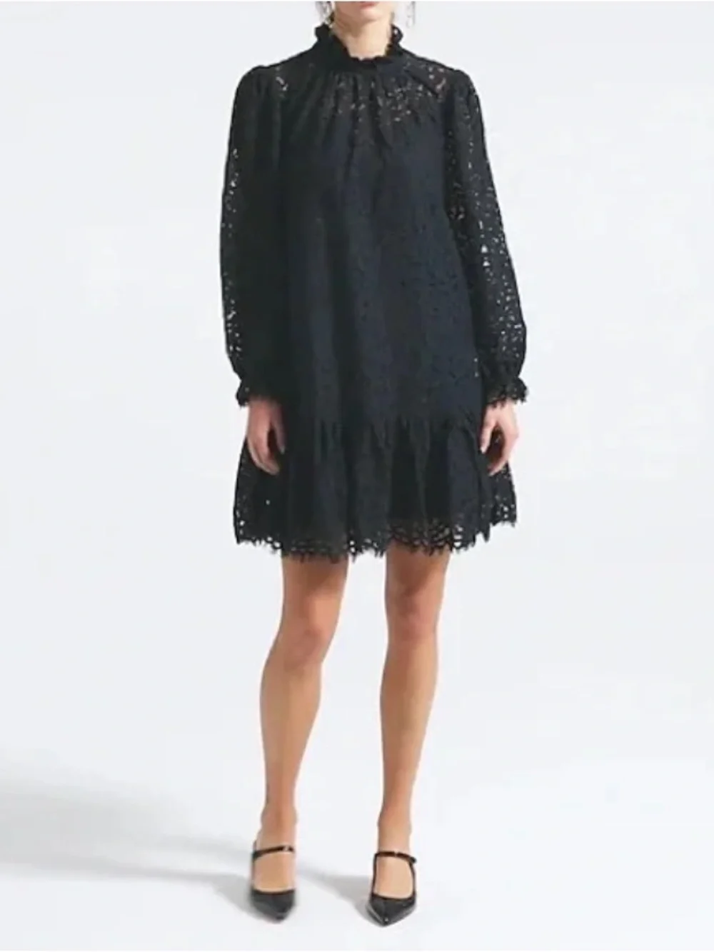 NWT J. CREW COLLECTION $198 BLACK RUFFLE NECK LACE DRESS SZ XS EXTRA SMALL
